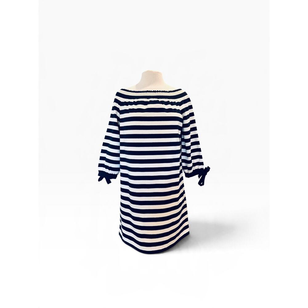 JCrew Stripe Off Shoulder Quarter Sleeve Tied Cuffs Mini Shift Dress Navy Ivory - Picture 4 of 9